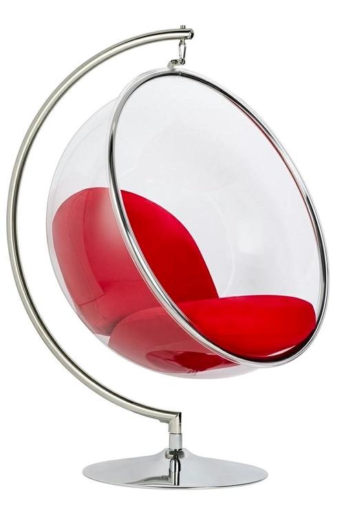 BUBBLE STAND armchair with red cushion - chrome base, acrylic body, wool cushion