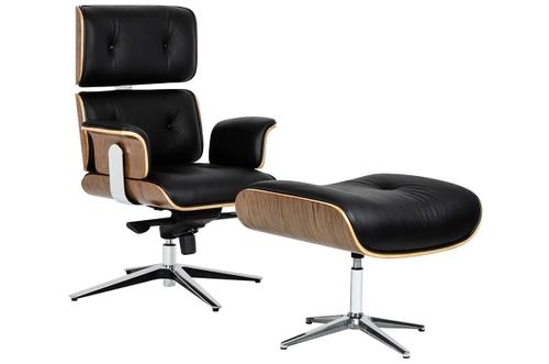Office armchair LOUNGE BUSINESS black with footrest - walnut plywood, natural leather, polished steel