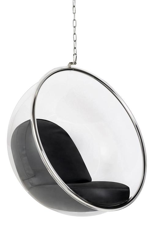 Hanging armchair BUBBLE black cushion - acrylic body, eco-leather cushion