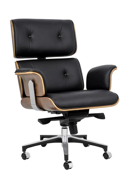 Office armchair LOUNGE BUSINESS black - walnut plywood, natural leather, polished steel