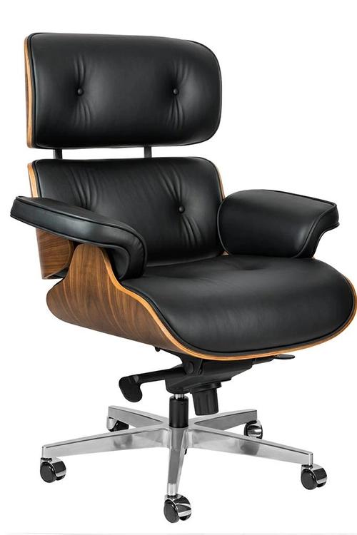 Office armchair LOUNGE GUBERNATOR BIG XL black - walnut plywood, natural leather, polished steel