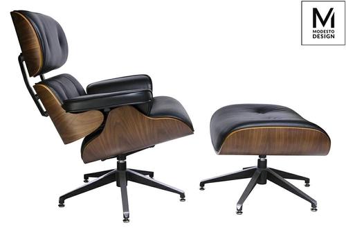 MODESTO armchair LOUNGE black / walnut with a footstool, ecological leather