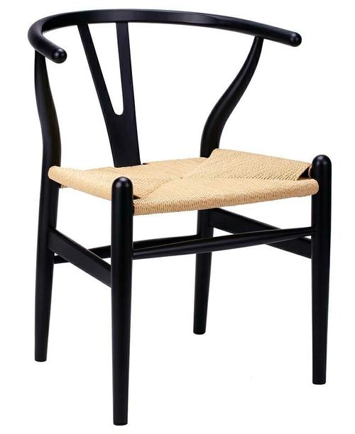 WISHBONE black chair - beech wood, natural fibre