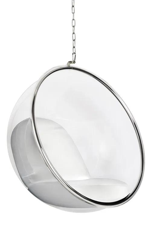 Hanging BUBBLE chair, white cushion - acrylic body, eco-leather cushion