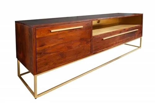 INVICTA TV table STRAIGHT 165 cm - acacia, natural wood, golden metal