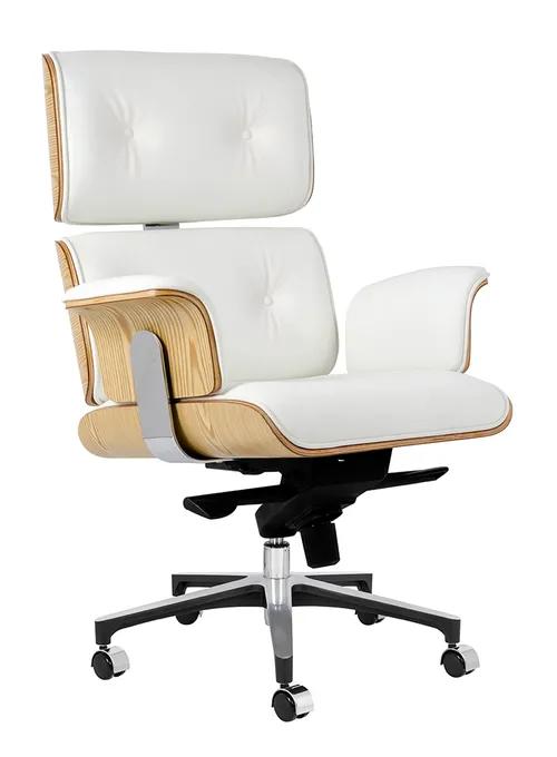 Office chair LOUNGE BUSINESS white - ash plywood, natural leather, polished steel