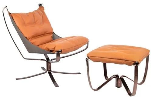 ARNI LOW armchair with a footrest - cognac eco-leather, dark copper base