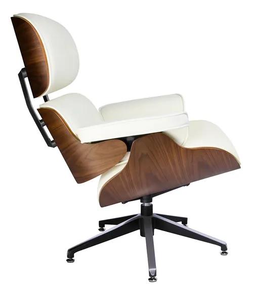 LOUNGE white armchair, walnut plywood - natural leather