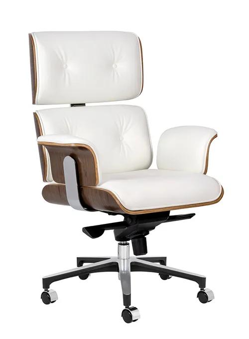 Office chair LOUNGE BUSINESS white - walnut plywood, Italian natural leather, polished steel